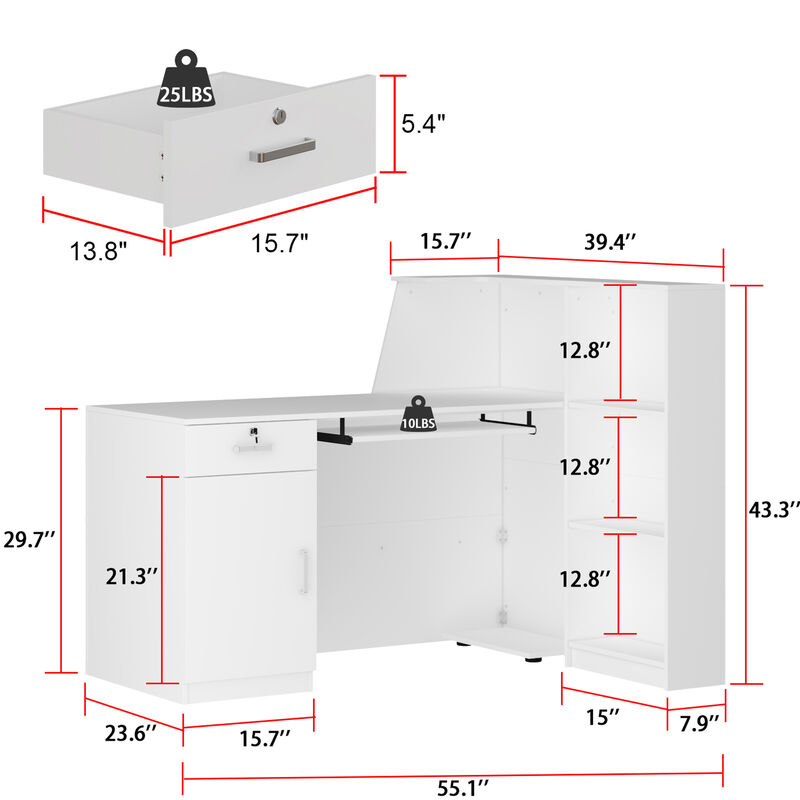 FUFU&GAGA 55.1-in White Modern/Contemporary Reception Desk Hutch Included,White