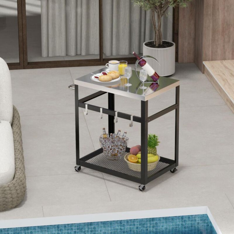 Hivvago 2-Tier Stainless Steel Grill Cart with 4 Hooks and Wheels BBQ Table