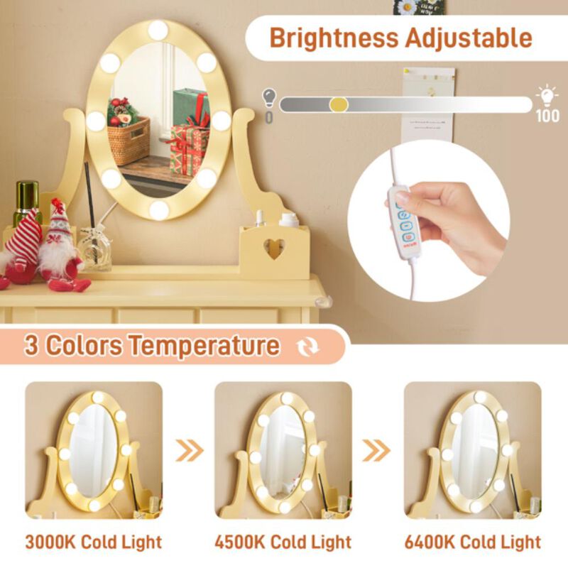 Girls Vanity Table with Mirror Lights and Stool Pretend Play Makeup Desk with Storage