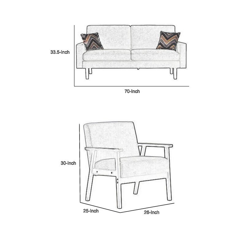 Gala 2pc Sofa and Chair Set, Slate Gray Fabric, 2 Pillows, Black Wood Frame-Benzara