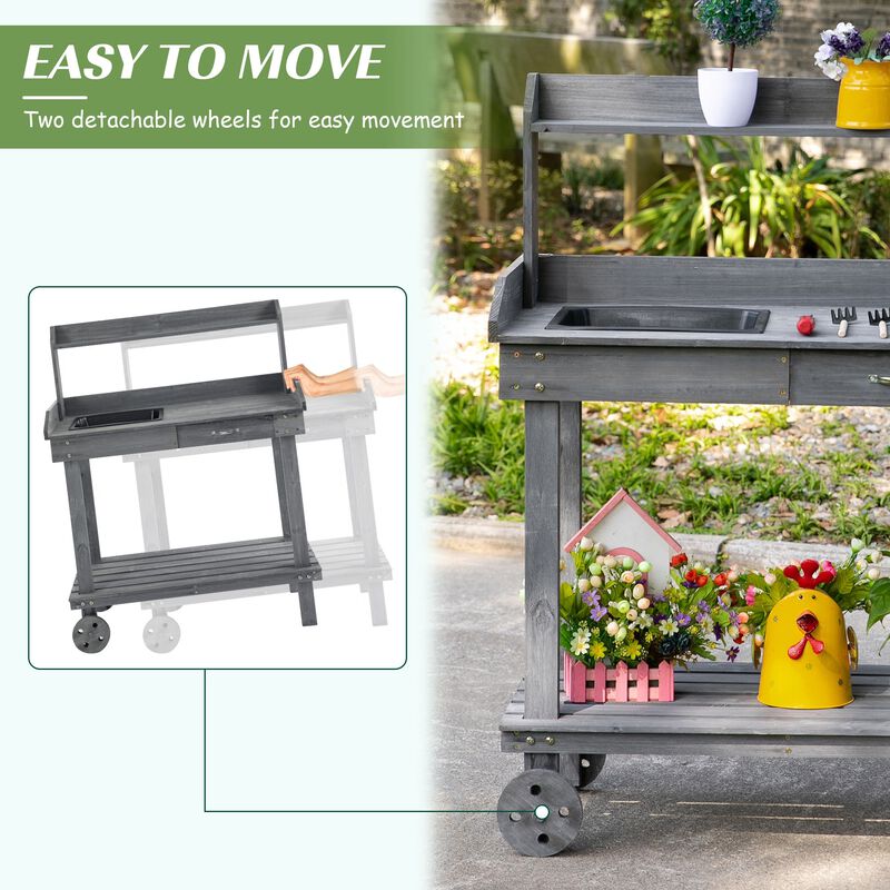 Gray Mobile Garden Aid: Potting Bench with Wheels, Sink, and Storage