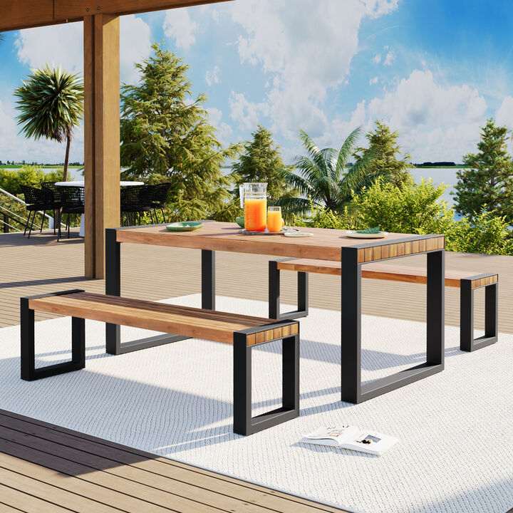 Whisen Outdoor Dining Table With 2 Benches, Patio Dining Set With Unique Top Texture, Acacia Wood Top & Steel Frame