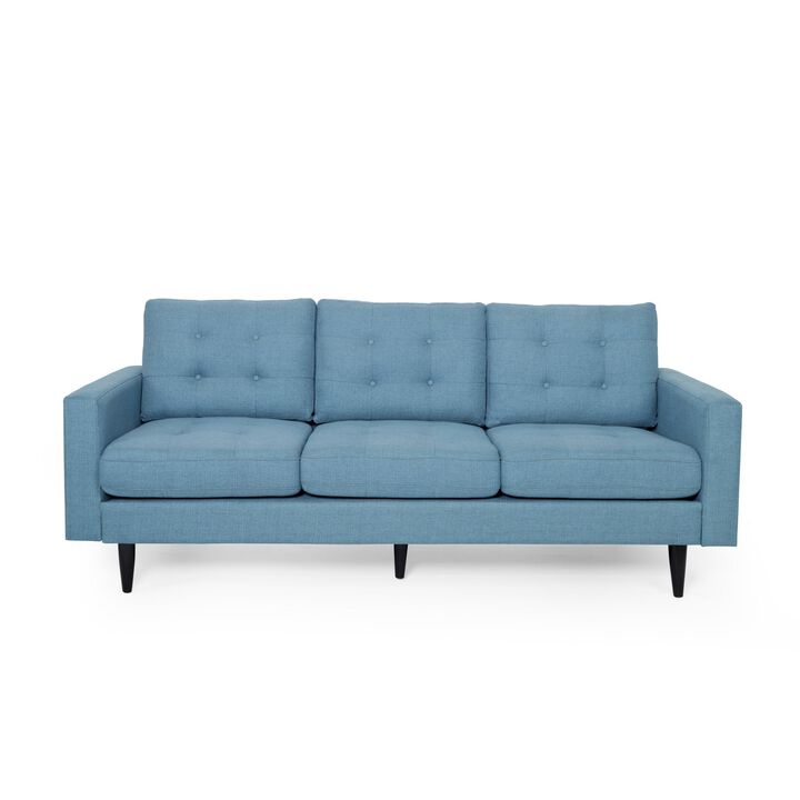 Apex Sofa, 3 Seater, 83 Inch, Button Tufted, Light Blue Fabric, Black - Benzara