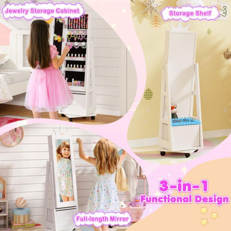 Hivvago Kids Jewelry Armoire Cabinet with Swivel Base and Lockable Universal Wheels