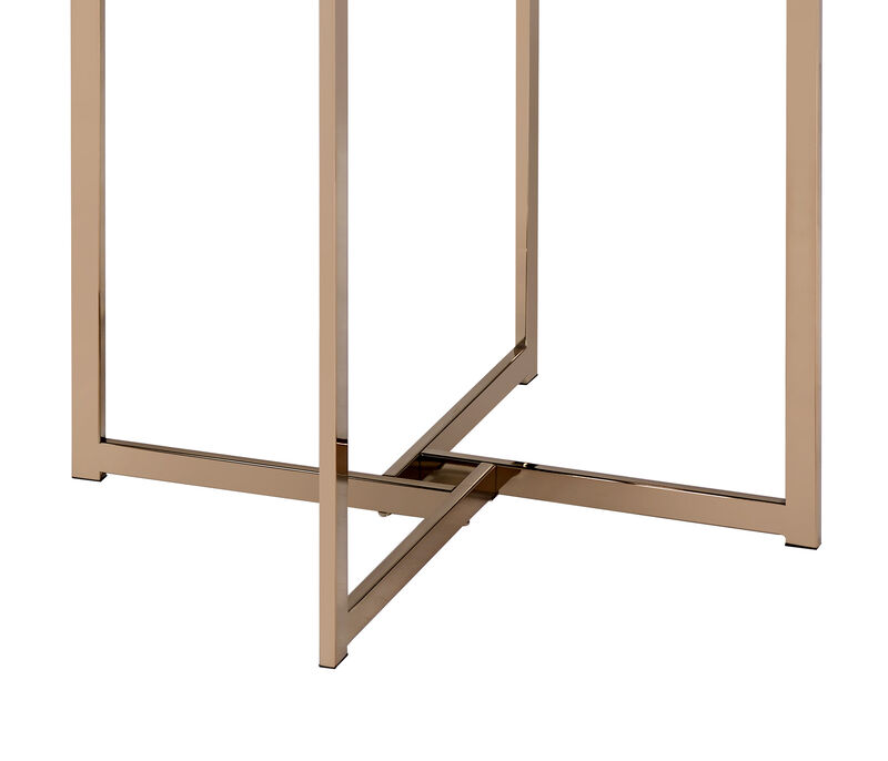 End Table with X Shaped Metal Base and Round Wooden Top, Gold and Gray-Benzara
