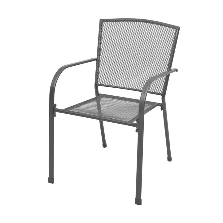 5pc Outdoor Dining Table Set, 4 Stackable Armchairs, Gray Steel Metal - Benzara