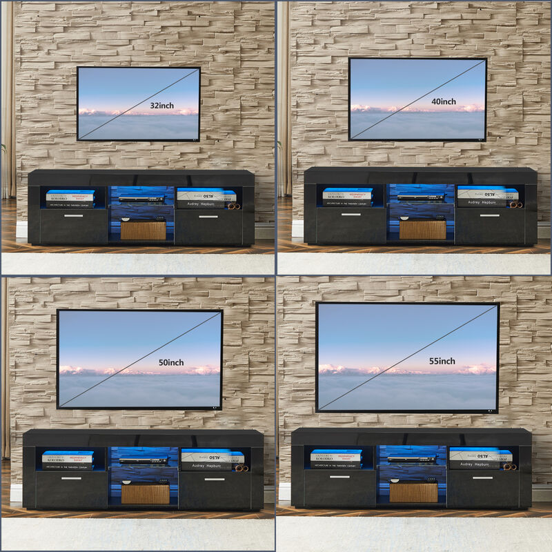 Black Modern TV Stand with LED Lights, high glossy front TV Cabinet, can be assembled in Lounge Room