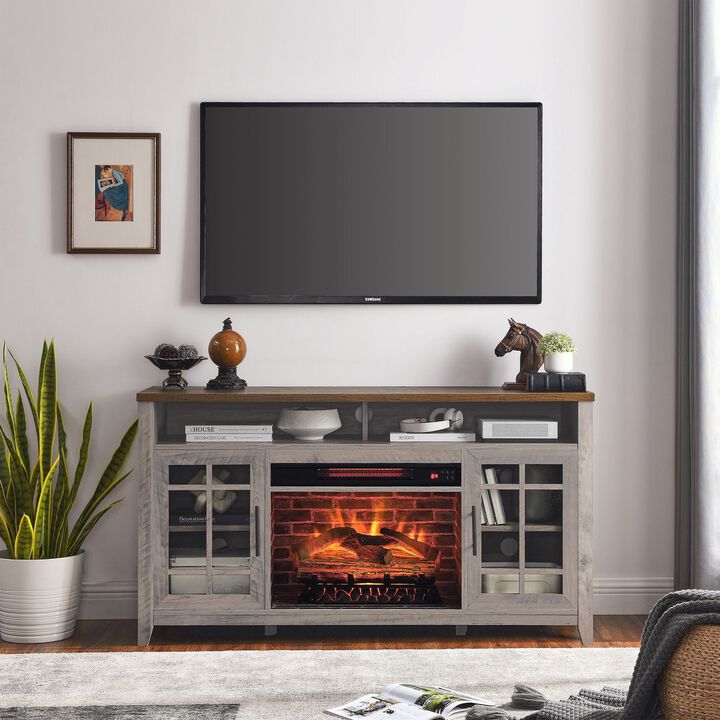MONDAWE 55 Inch TV Media Stand with Electric Fireplace KD Inserts Heater,Gray Wash Color