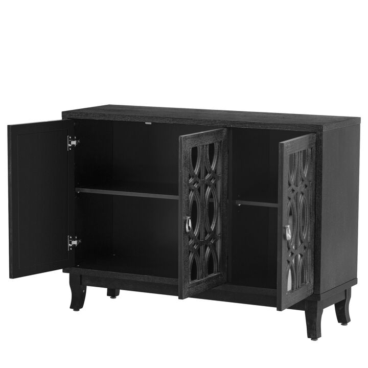 Sideboard With Glass Doors, 3 Door Mirrored Buffet Cabinet With Handle For Living Room