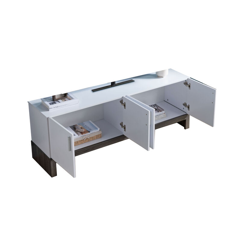 60 Inch TV Entertainment Console, 2 Cabinets, Metal Bar Handles, White - Benzara