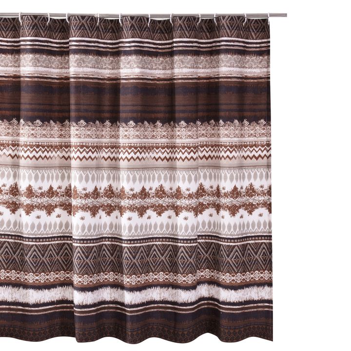 Roca 72 Inch Shower Curtain, Coffee Brown Striped Printing, Button Holes-Benzara