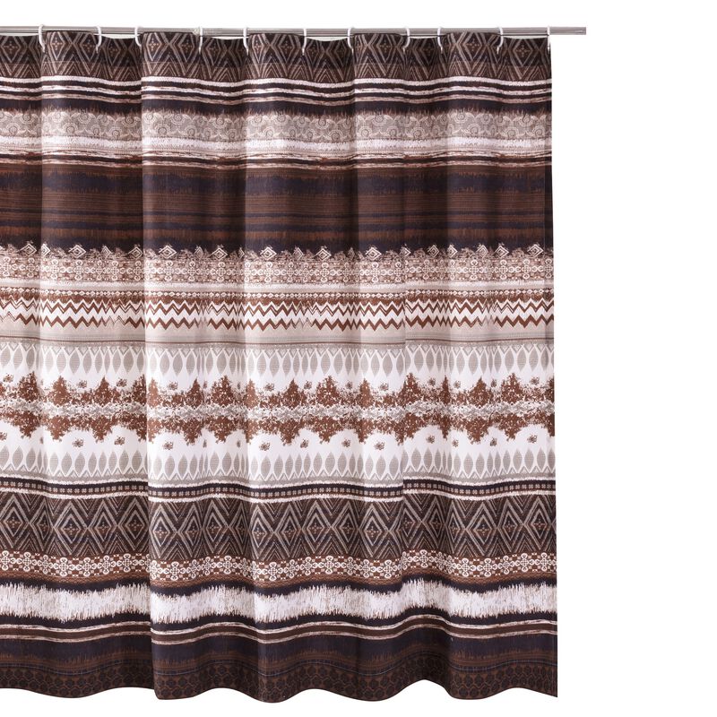 Roca 72 Inch Shower Curtain, Coffee Brown Striped Printing, Button Holes-Benzara