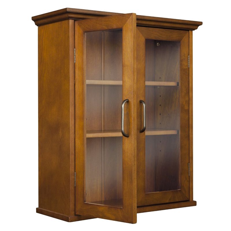 Hivvago Oak Finish Bathroom Wall Cabinet with Glass  2-Doors & Shelves