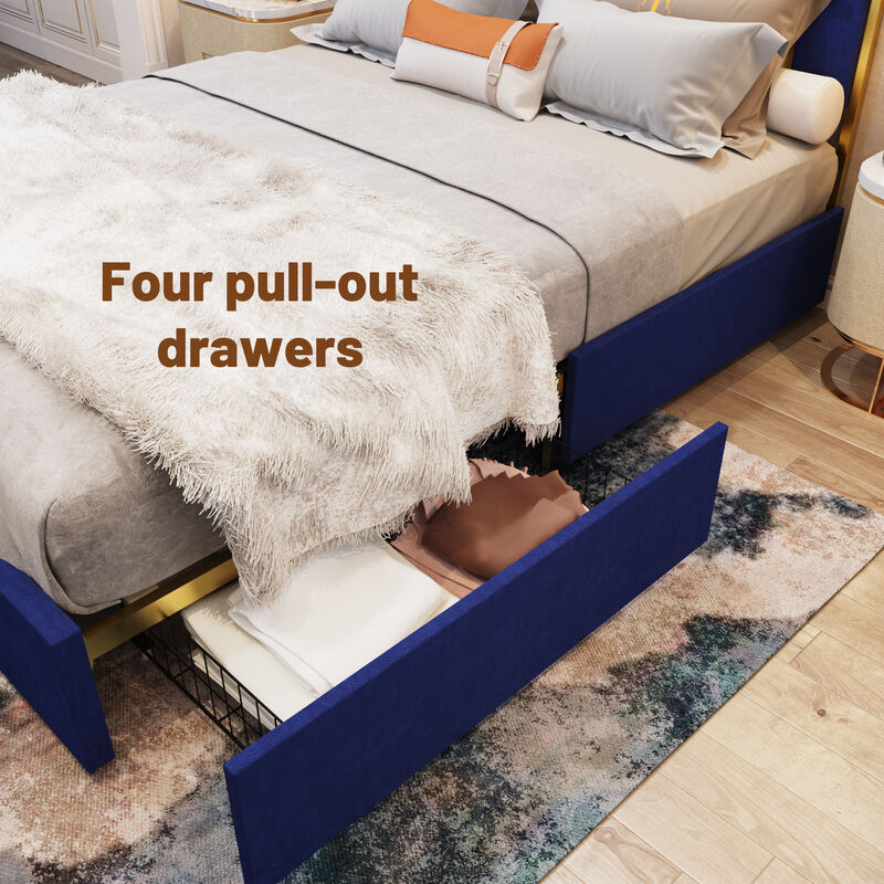 MONDAWE Queen Size Modern Platform Bed Frame and 59.06" Headboard, Upholstered Bed with Golden Plating Trim