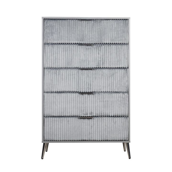 Benjara, Gray, Nickel Moko 51 Inch Tall Dresser, 5 Fabirc Upholstered Drawers