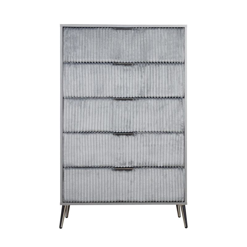 Benjara, Gray, Nickel Moko 51 Inch Tall Dresser, 5 Fabirc Upholstered Drawers