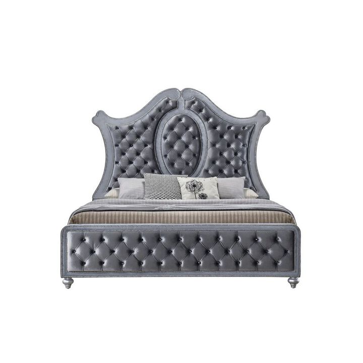 Rall King Size Bed, Curved Wood Headboard, Tufted Gray Fabric Upholstery - Benzara