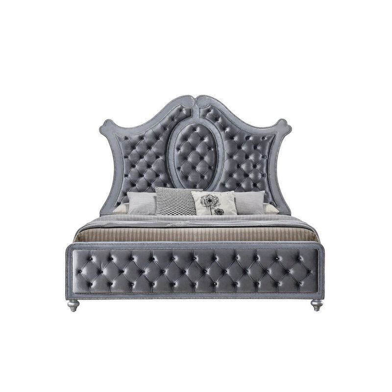 Rall Queen Size Bed, Curved Wood Headboard, Tufted Gray Fabric Upholstery - Benzara