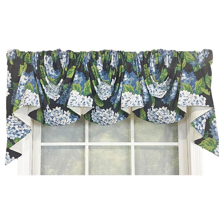 RLF Home Hydrangea Empire Valance Navy 3-Scoop. 64"W x 25"L For windows up to 60"W