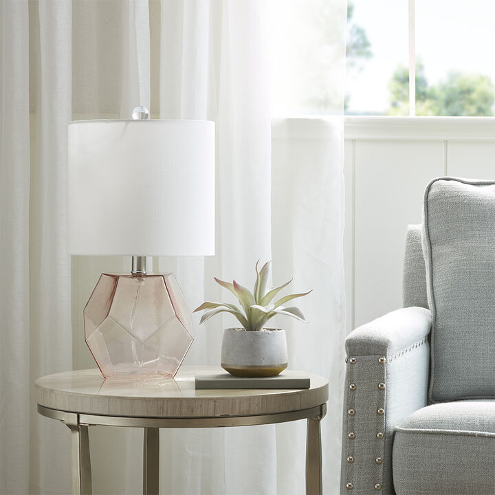 Gracie Mills Estes Elegant Pink Geometric Glass Table Lamp with White Shade