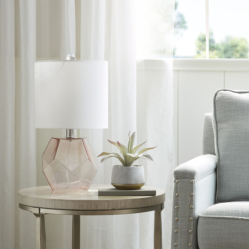 Gracie Mills Estes Elegant Pink Geometric Glass Table Lamp with White Shade