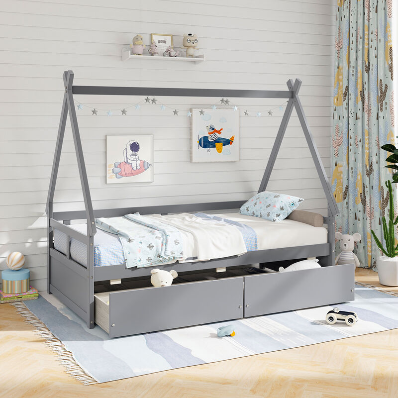 House Bed with Roof and Safety Guardrail