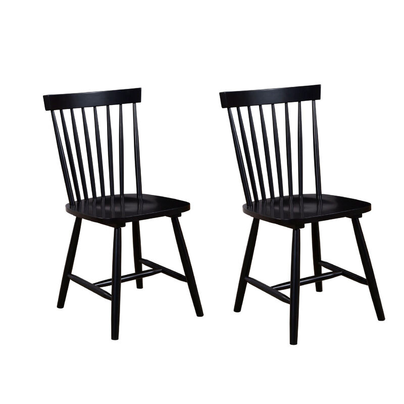 Ray 18 Inch Dining Side Chair, Rubberwood, Windsor Back, Set of 2, Black-Benzara