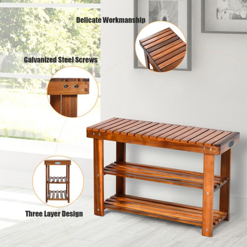 Hivvago Freestanding Wood Bench with 3-Tier Storage Shelves