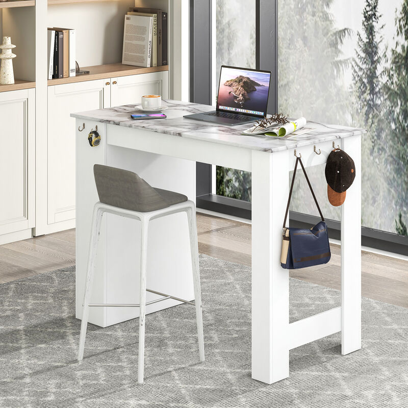 Bar Table Faux Marble Pub Table with 7 Hanging Hooks Compartment