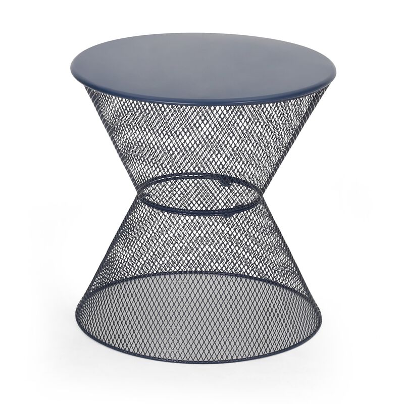 Nian Side Table, Round Top, Hourglass, Outdoor Navy Blue Iron, 18 Inch