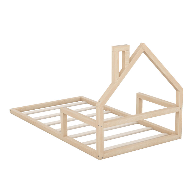 Merax Wood Floor Bed with House-shaped Headboard