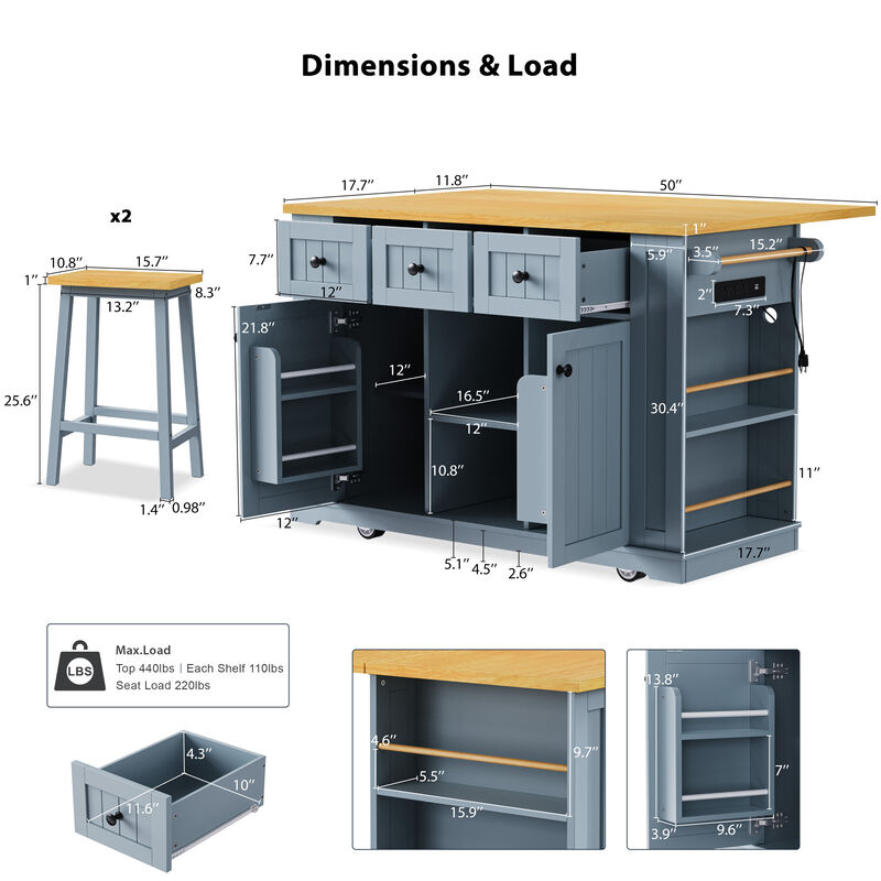 Merax Kitchen Island with 2 Bar Stools