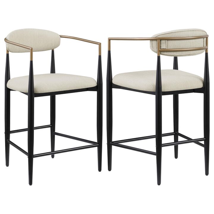 Tiara Counter Height Chair Set of 2, Beige Fabric, Black Metal 25 Inch - Benzara