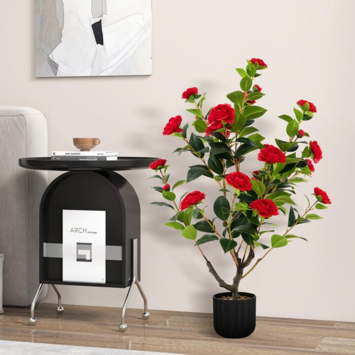 Hivvago 38 Inch Artificial Camellia Tree Faux Flower Plant in Cement Pot