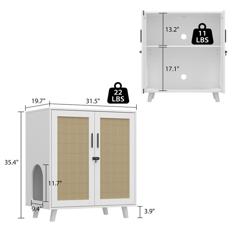 Modern Cat Litter Box Enclosure for Rooms, White Hidden Litter Box Furniture Cat Washroom Storage With Lock Sisal Door