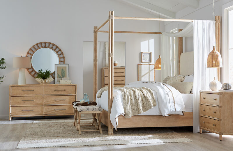 Retreat Pole Rattan Cal King Upholstered Poster Bed and Canopy