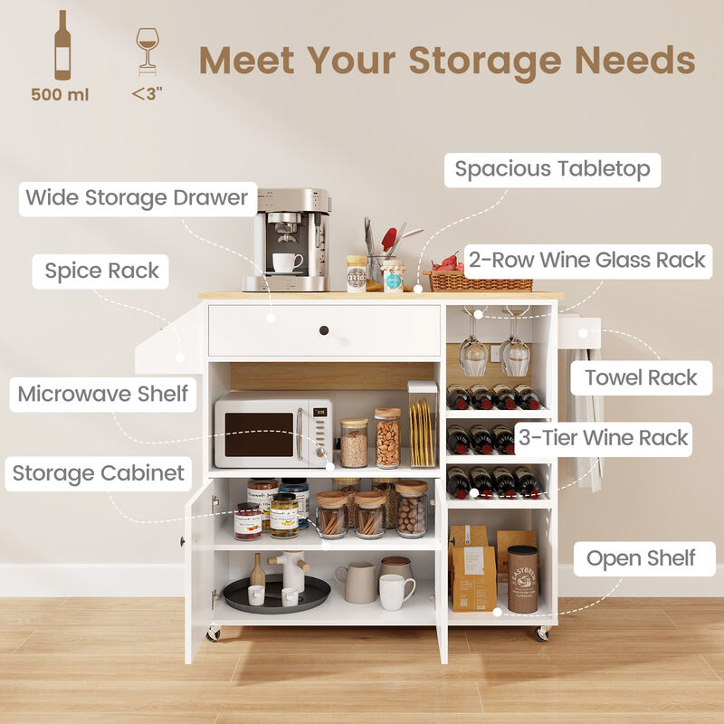 Drop Leaf Mobile Kitchen Island Cart with Power Outlet and Adjustable Shelf