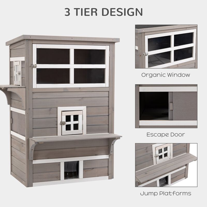 Gray Feline Shelter: 3-Tier Outdoor Cat Condo with Asphalt Roof