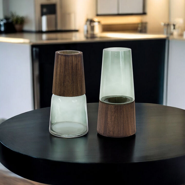 Glass and Wood Vase Set of 2 for Home Decor and Floral Arrangements