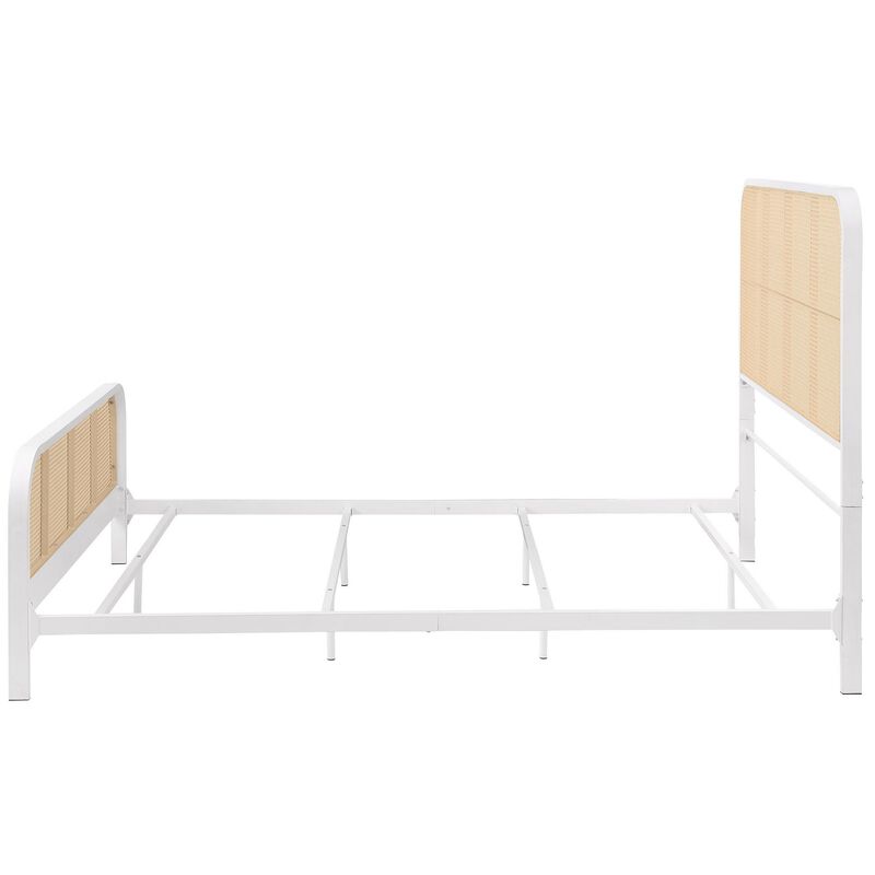 Lanie Queen Bed with Brown Open Cane Webbing Faux Rattan, White Metal  - Benzara