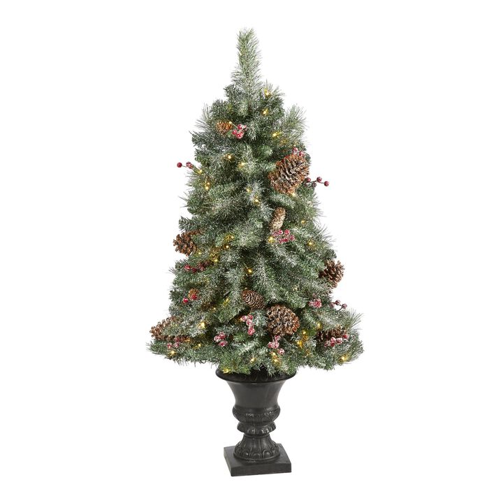 Nearly Natural 4-ft Frosted Pine, Pinecone and Berries Artificial Christmas Tree with 100 Clear LED Lights in Decorative Urn