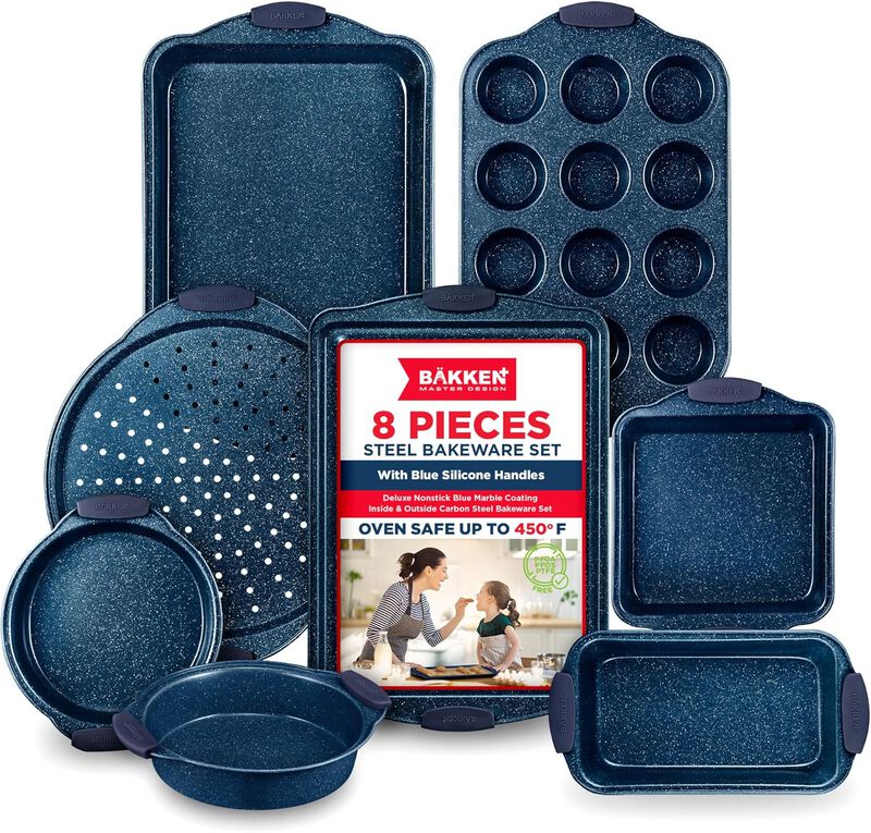 BAKKEN Kitchen Baking Pan Set - Nonstick Coating, Carbon Steel Bakeware Sets with Silicone Handles, Baking Kitchen Essentials, PFOA, PFOS, PTFE Free, Oven Safe Tray (Up To 450° F), Set of 8