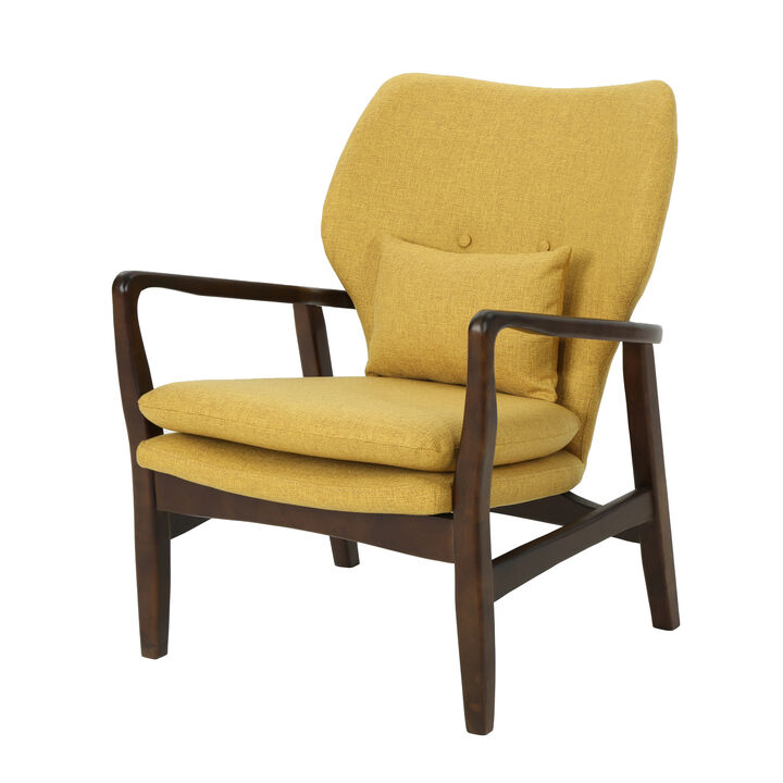 Keya Accent Chair, Mustard Yellow Fabric, Button Tufted Back, Accent Pillow - Benzara