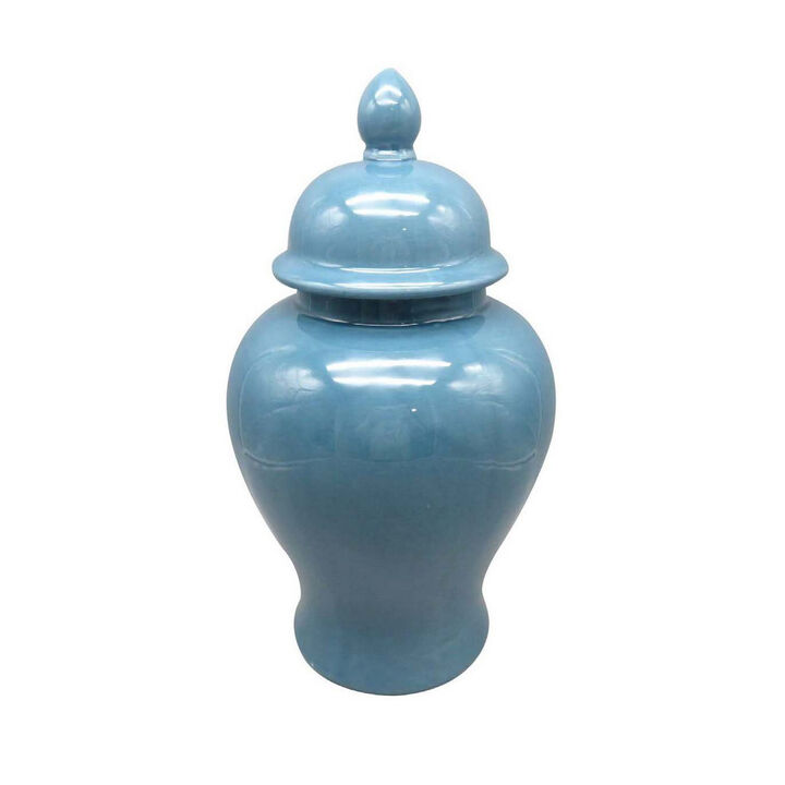 Teli 18 Inch Decorative Temple Ginger Jar, Elegant Ceramic, Glossy Blue - Benzara