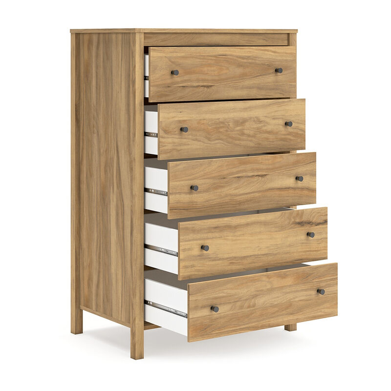 Maci Tall Dresser Chest, 5 Drawers, Natural Brown Wood Finish, 50 Inch - Benzara