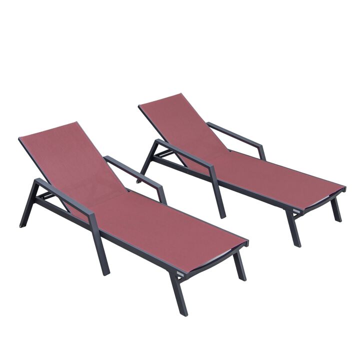 LeisureMod Marlin Patio Chaise Lounge Chairs with Armrests – Set of 2, Black Aluminum Frame & Dark Grey Cushion for Outdoor Relaxation
