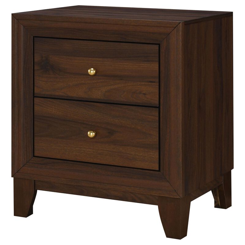 Yels Nightstand with 2 Drawers, Gold Metal Knobs, Walnut Brown  - Benzara