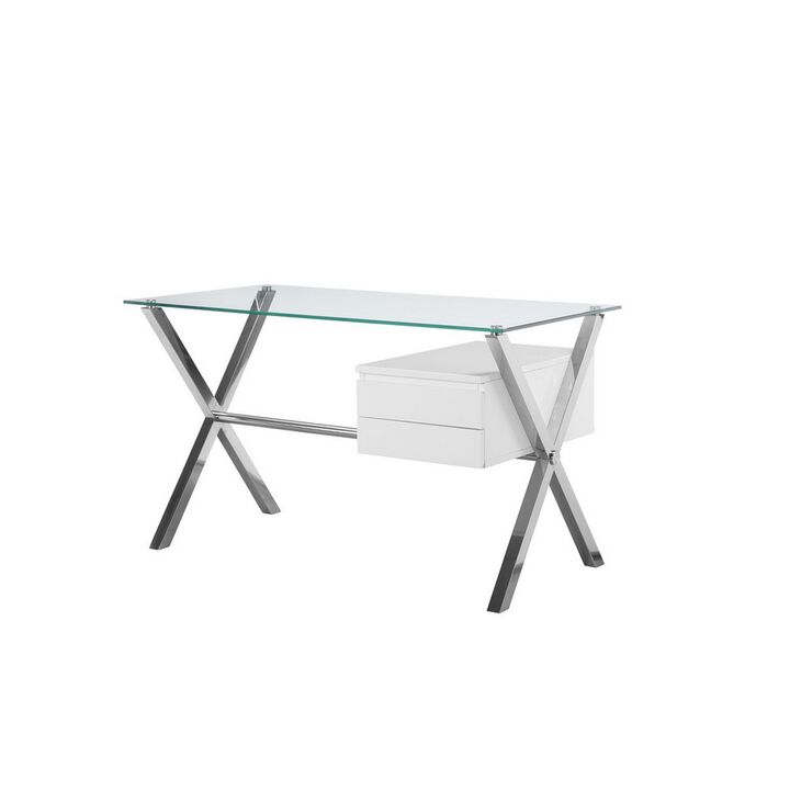Tia 51 Inch Small Office Desk, Glass Tempered Top, 2 Drawers, White Finish - Benzara