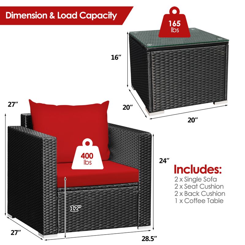 3 Pieces Patio Wicker Conversation Set with Cushion-Red