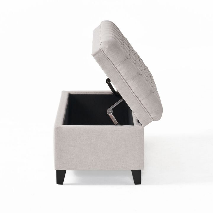 Rhya Storage Bench Ottoman, 50 Inch Seat, Button Tufted Gray Fabric - Benzara